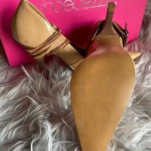 Patent tan and Leopard stilettos